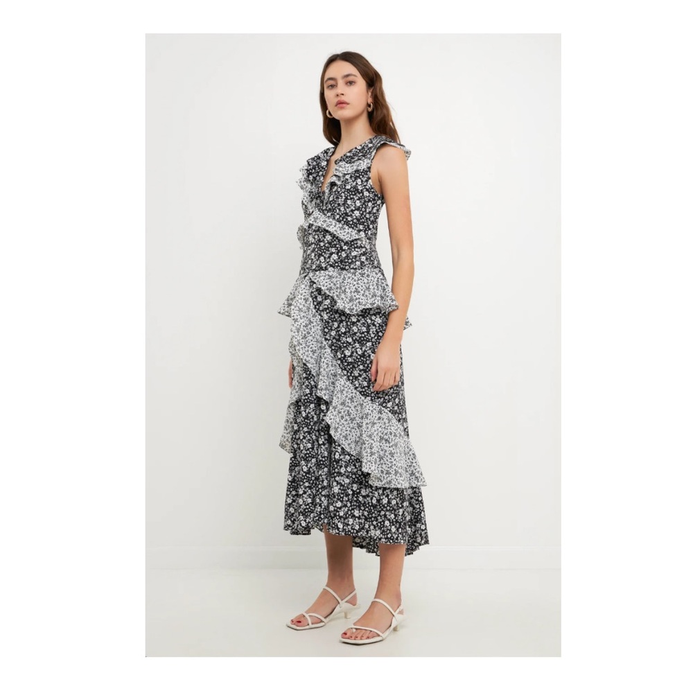 ENDLESS ROSE Dot Floral Contrast Midi Ruffle Dress - Picture 2 of 9